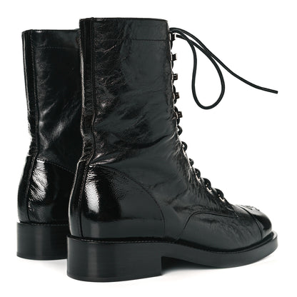 Chanel Crumpled Lambskin Shiny Calfskin Lace Up Combat Boots 38.5 Black 4 of 8