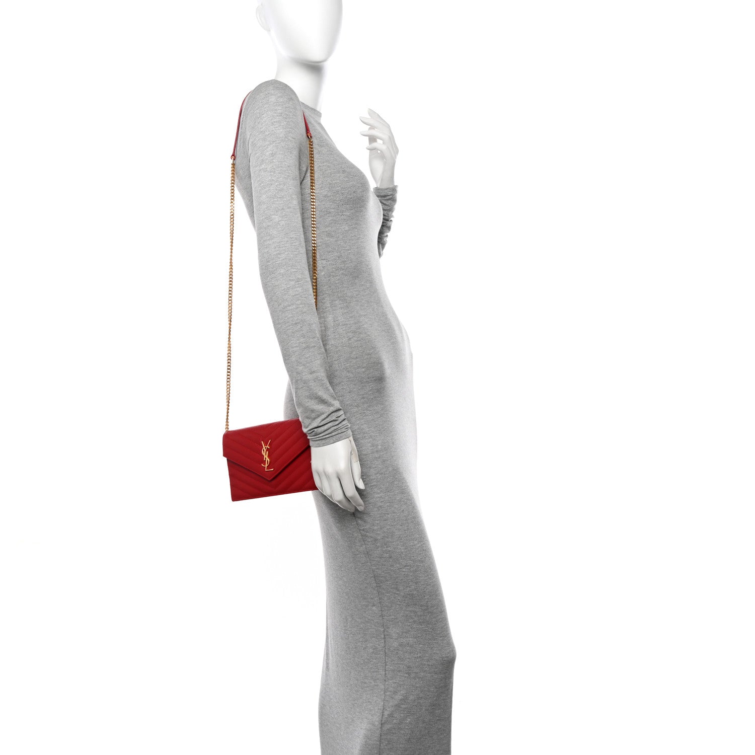 Saint Laurent Grain De Poudre Matelasse Chevron Monogram Envelope Chain New Red 2 of 13