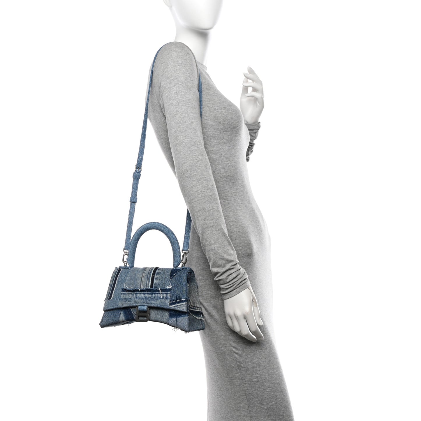 Denim Patchwork Small Hourglass Top Handle Bag Washed Blue