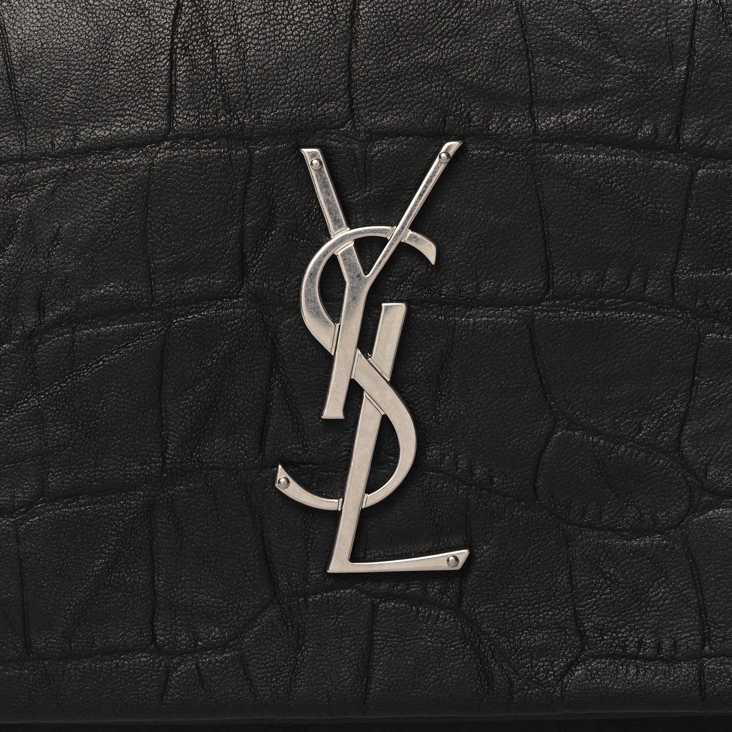 Calfskin Crocodile Embossed West Hollywood Monogram Fold Over Clutch Black