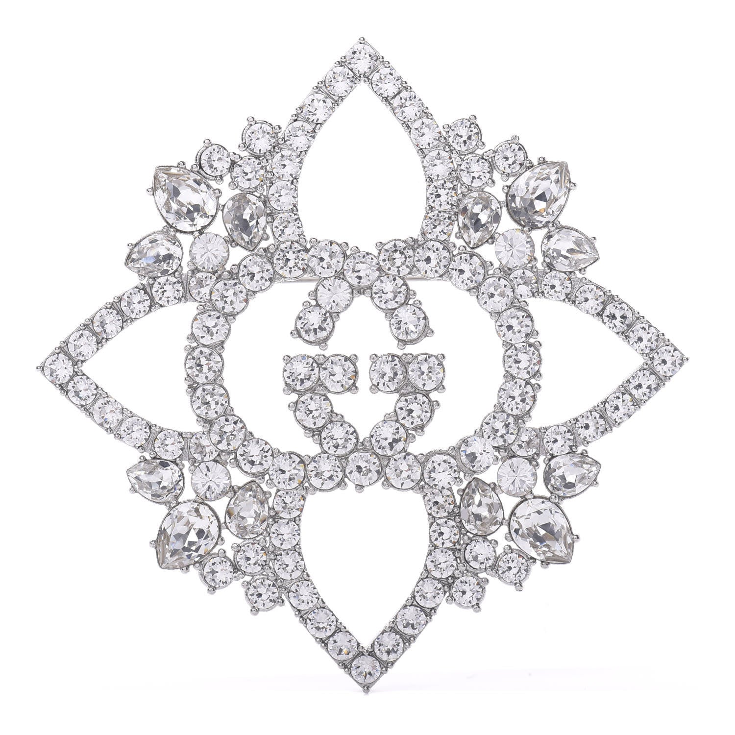 Gucci Metal Crystal Double G Brooch Silver 1 of 4