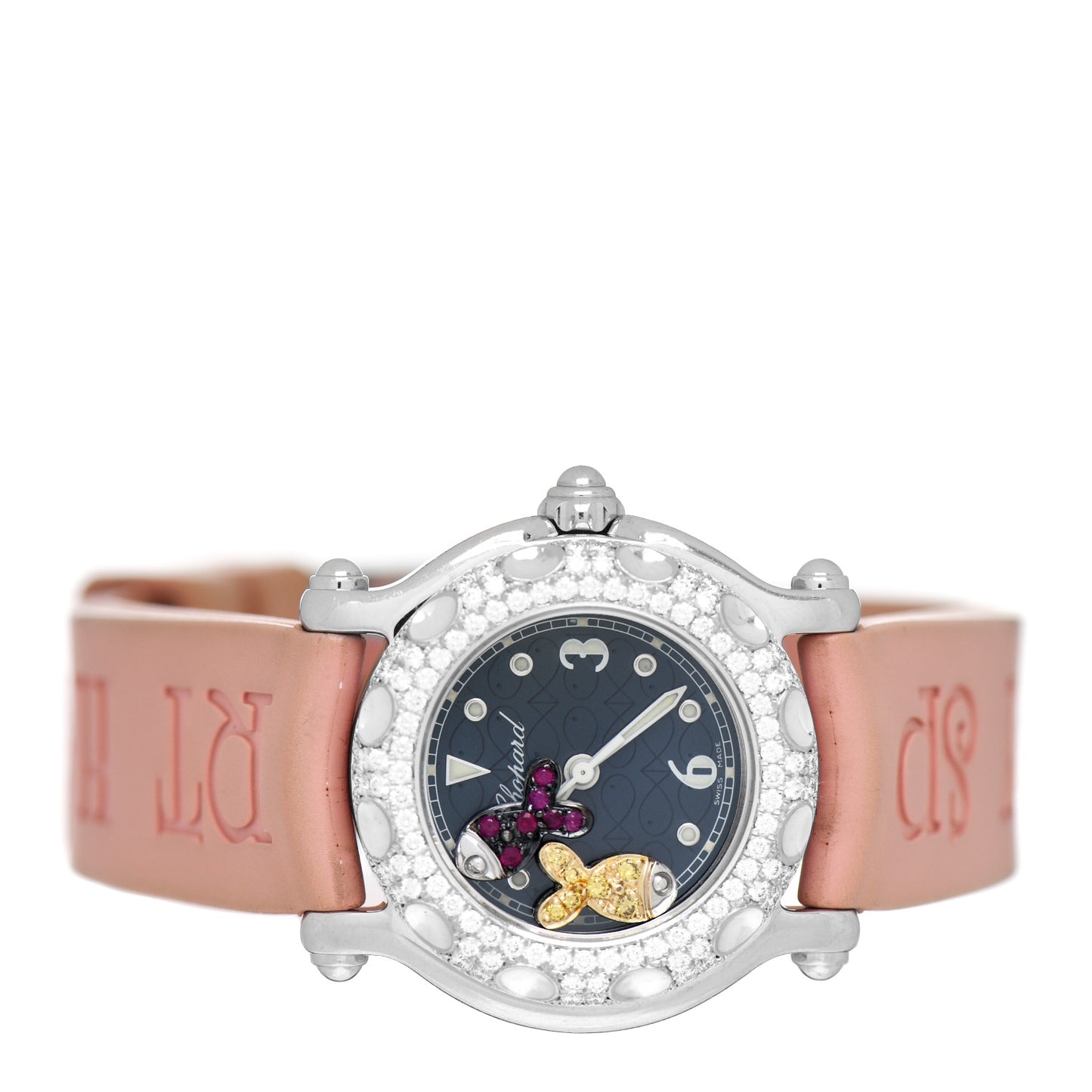 Stainless Steel Rubber Diamond Bezel Ruby Yellow Sapphire 26mm Happy Sport Fish Quartz Watch