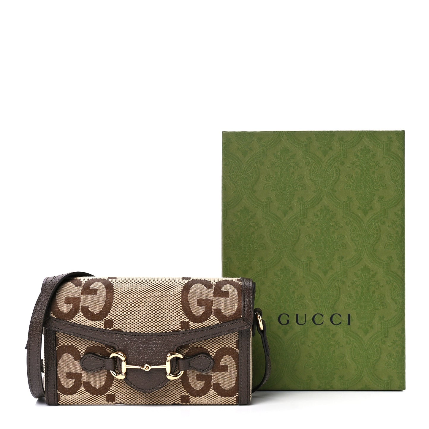 Monogram Jumbo GG Textured Dollar Calfskin Mini Horsebit 1955 Shoulder Bag Camel Ebony New Acero