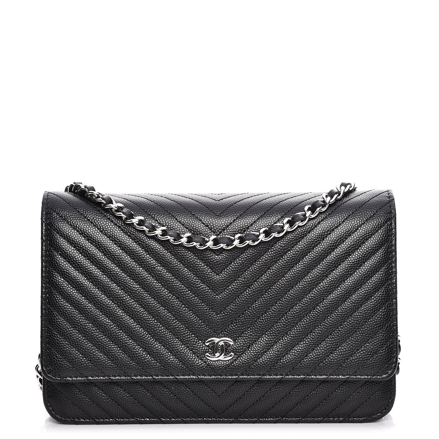 Chanel Caviar Chevron Quilted Wallet On Chain WOC Black 1 of 11