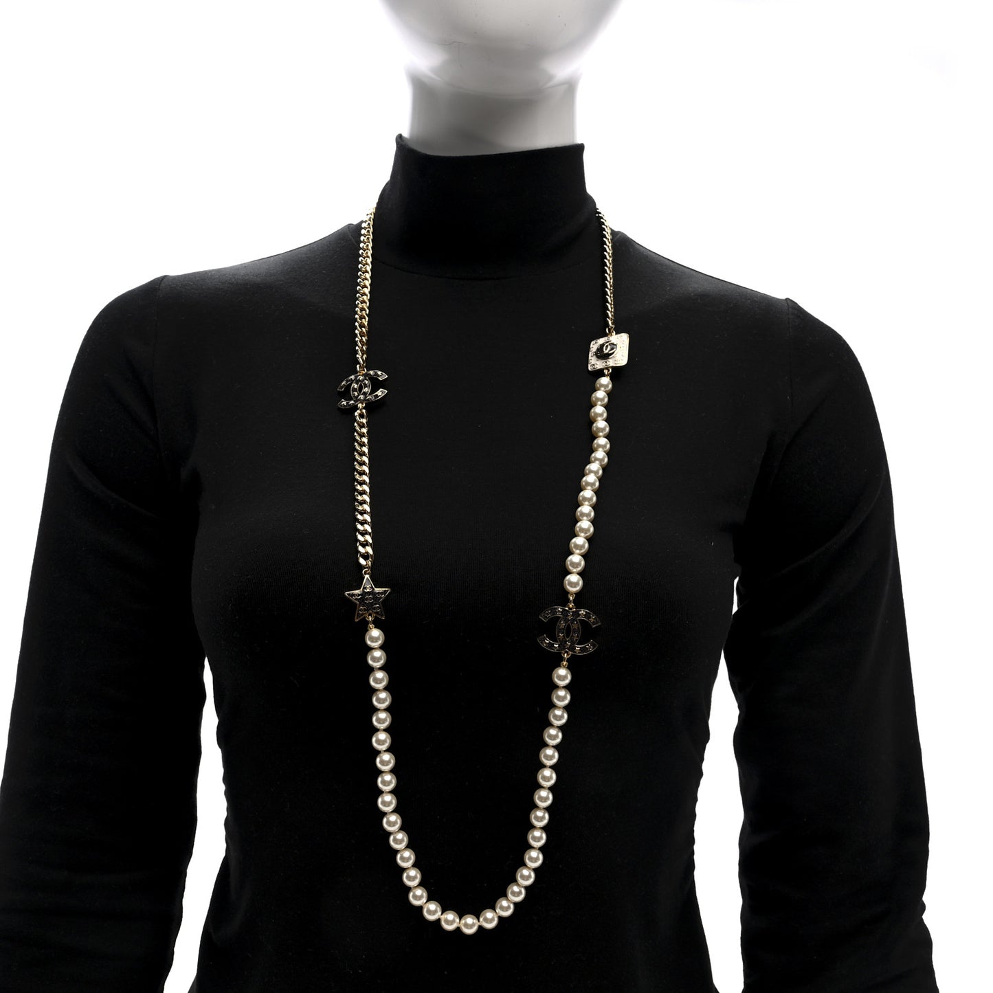 Metal Enamel Pearl Star CC Necklace Gold White