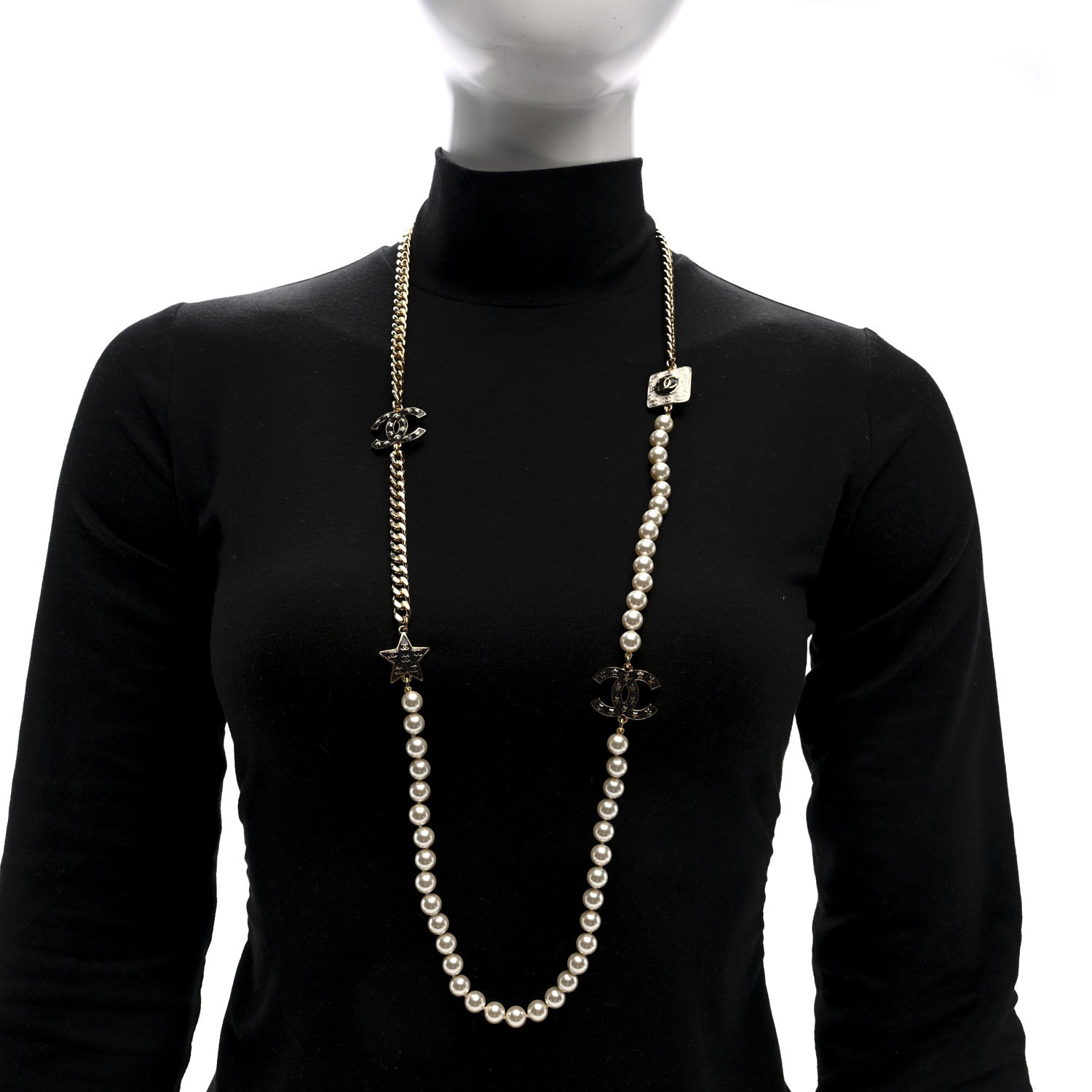 Chanel Metal Enamel Pearl Star CC Necklace Gold White 2 of 4