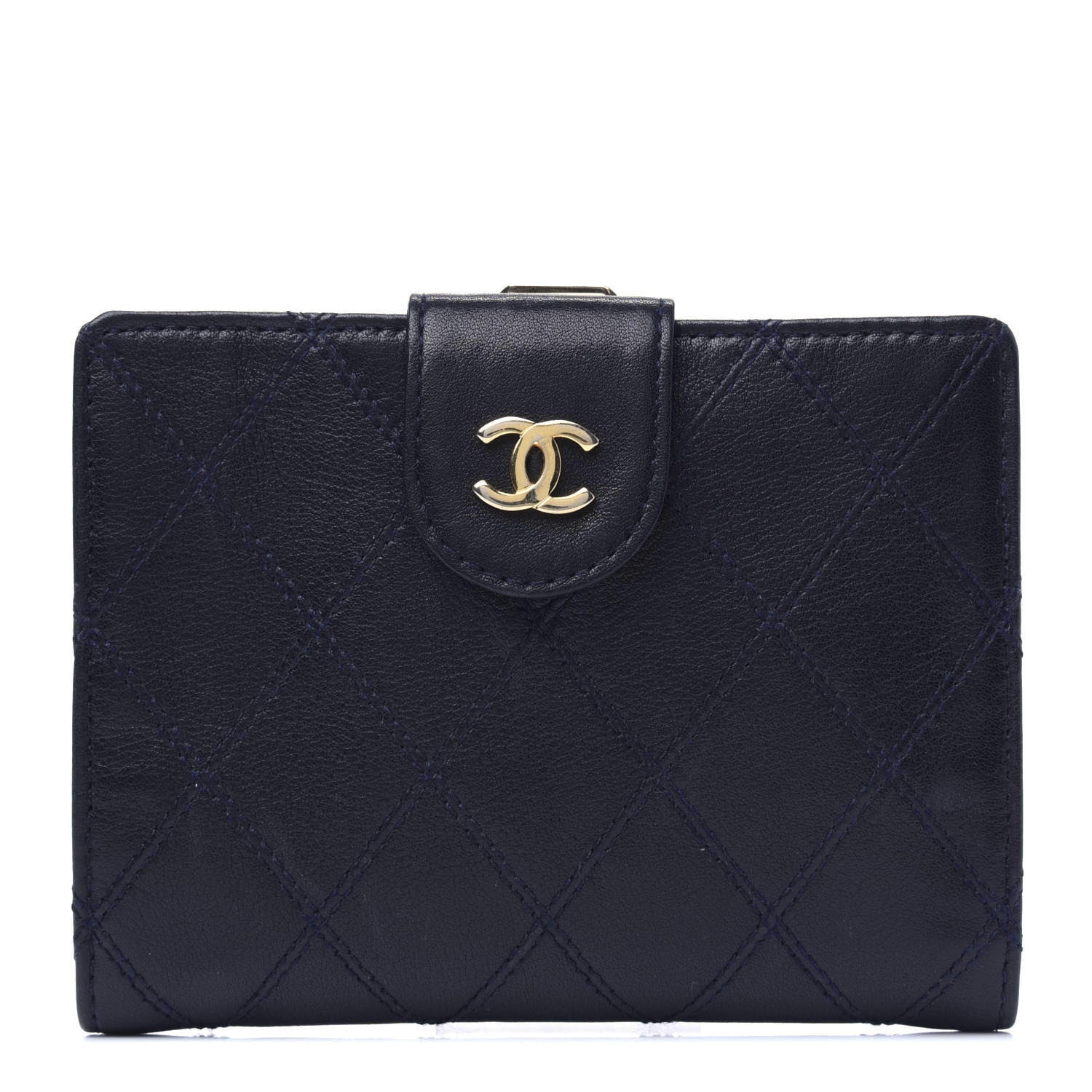 Chanel Lambskin Diamond Stitched Compact French Wallet Navy 1 of 18