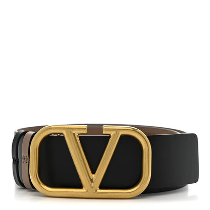 Valentino Garavani Glossy Calfskin VLogo Reversible 40mm Belt 85 34 Smokey Beige Black 1 of 6