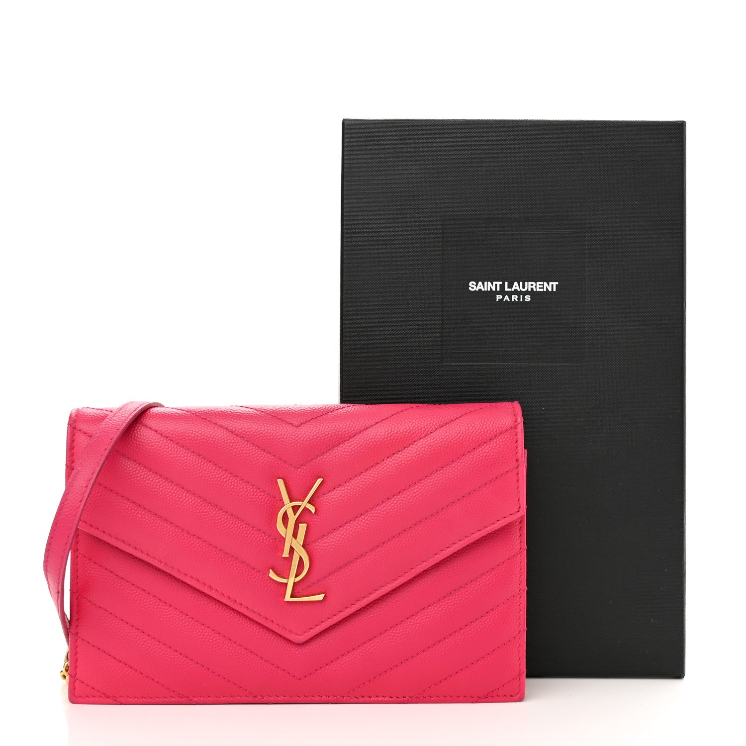 Saint Laurent Grain De Poudre Matelasse Chevron Monogram Envelope Chain Wallet Bubblegum 11 of 11