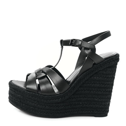 Saint Laurent Calfskin Tribute 95 Platform Espadrille Wedge Sandals 36.5 Black 1 of 8