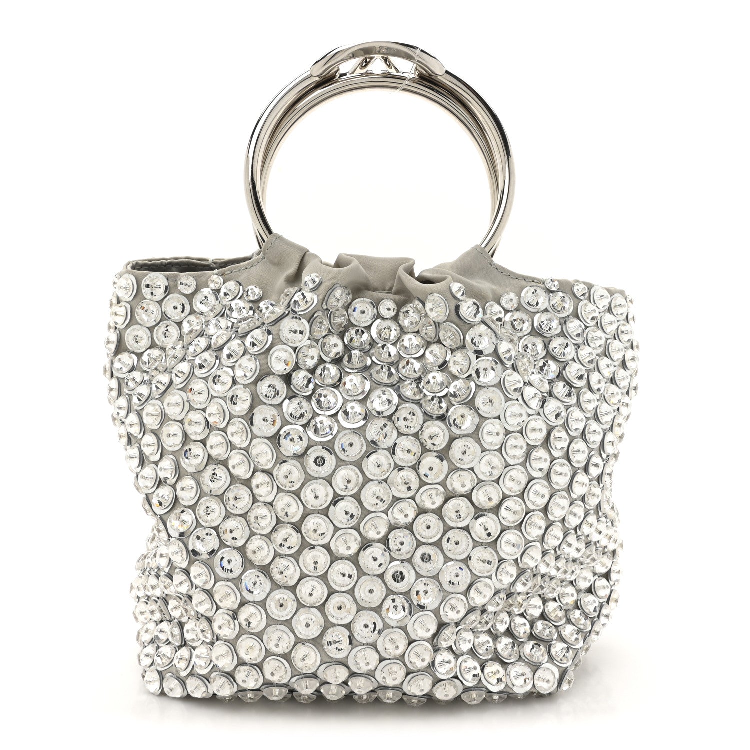 Valentino Garavani Satin Rhinestone Embellished Small Carry Secrets Bucket Bag Silver 1 of 10