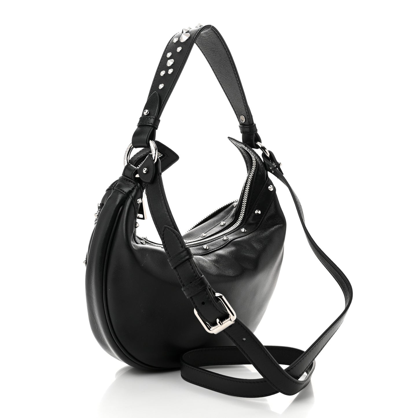 Calfskin Studded Small Repeat Zip Hobo Black