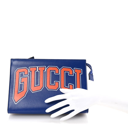 Gucci New Shanghai Calfskin Interlocking G Logo Wristlet Pouch Cobalt Blue Orange 2 of 6