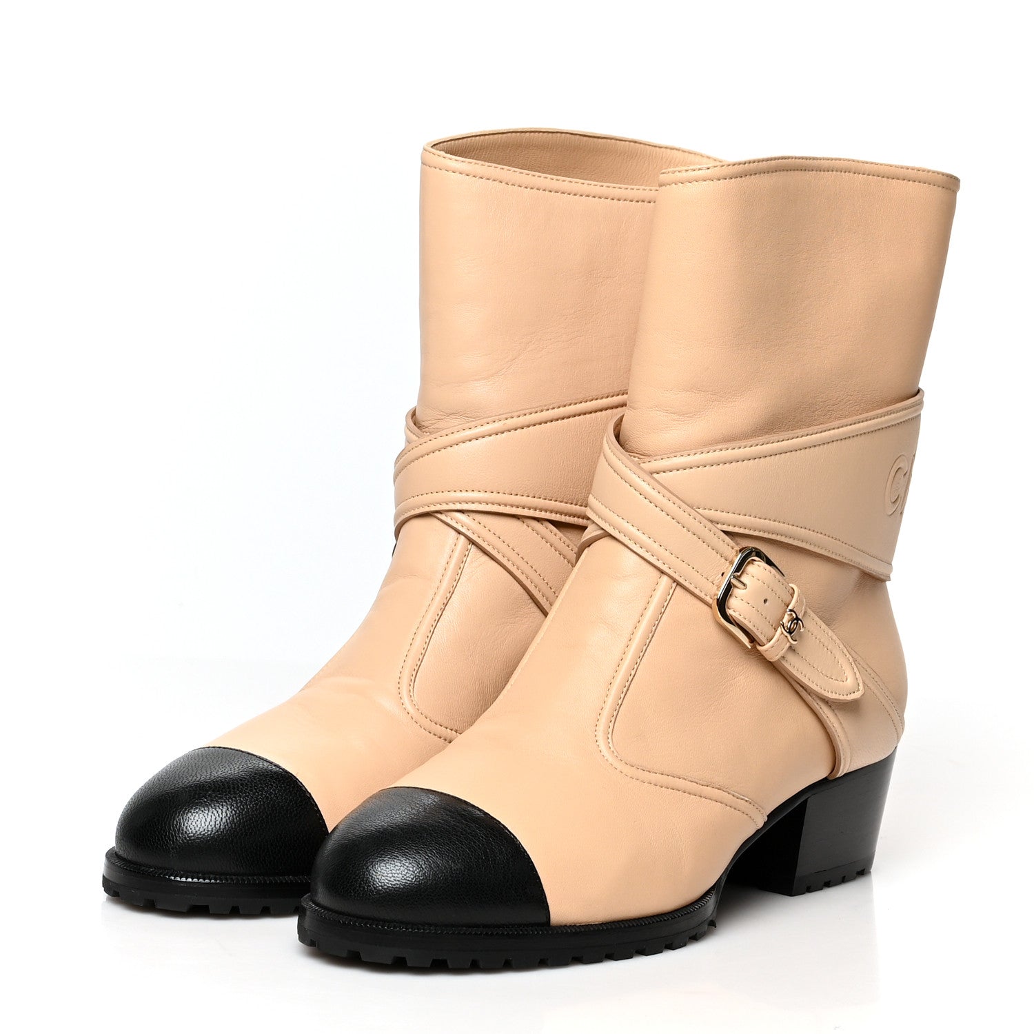 Chanel Lambskin Logo Cap Toe Short Boots 37.5 Beige Black 3 of 8