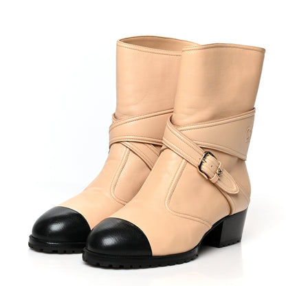 Chanel Lambskin Logo Cap Toe Short Boots 37.5 Beige Black 3 of 8