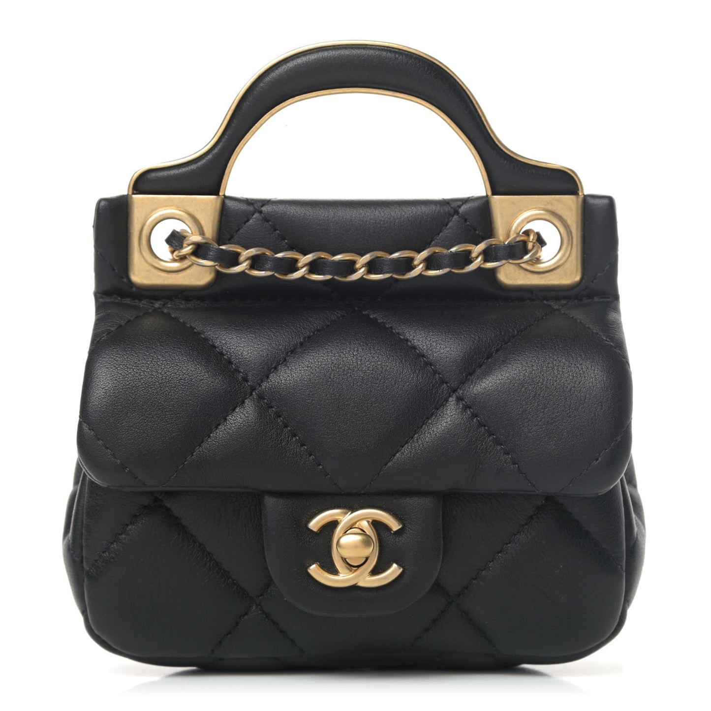 Calfskin Quilted Lady Handle Flap Card Holder With Chain Black