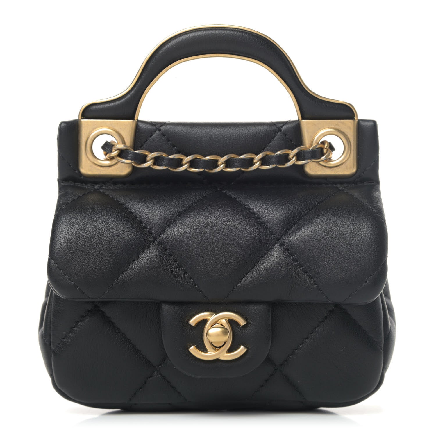 Chanel Calfskin Quilted Lady Handle Flap Card Holder With Chain Black 1 of 4