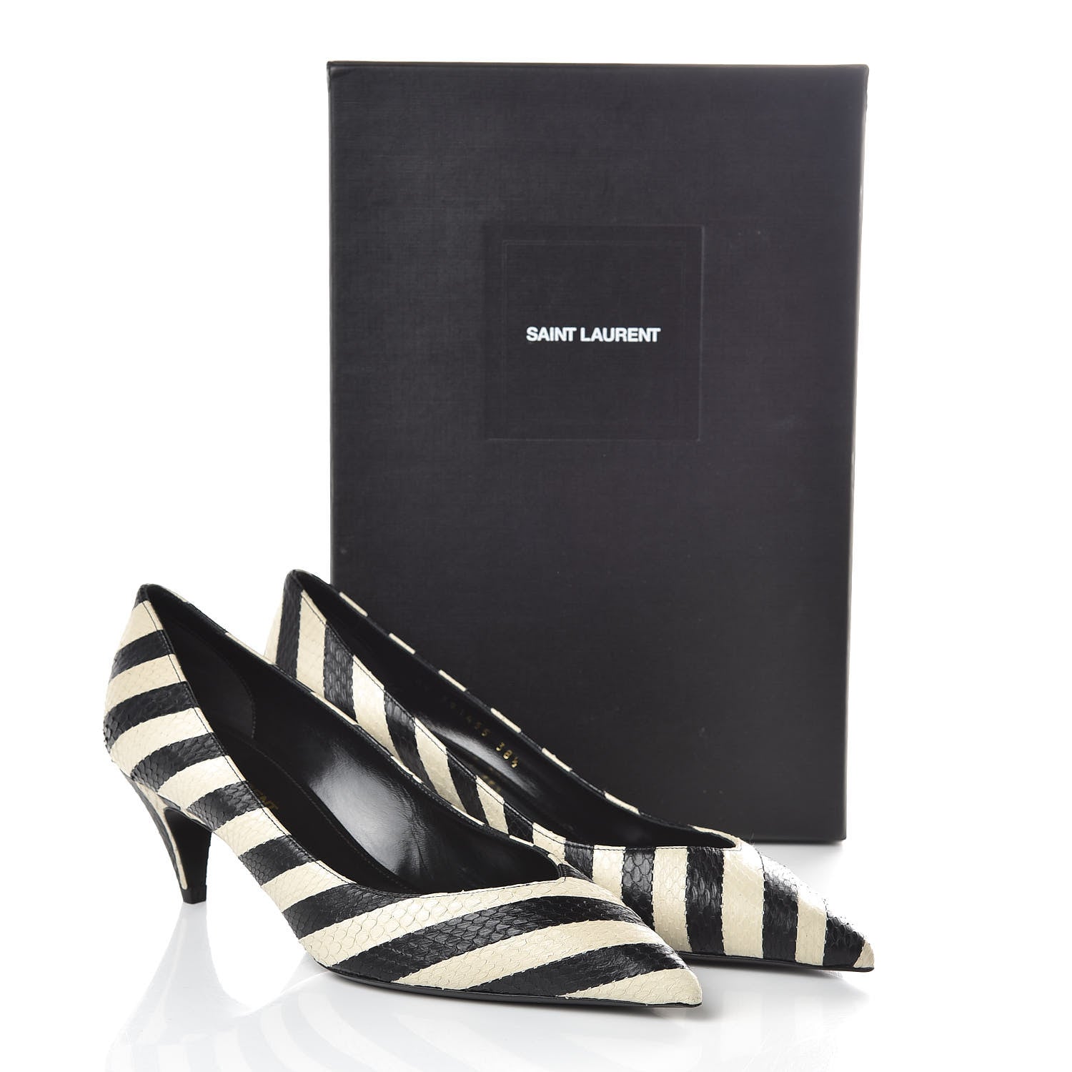 Saint Laurent Elaphe Snakeskin Striped Kiki Kitten Heel Pumps 38.5 Black Off White 8 of 8