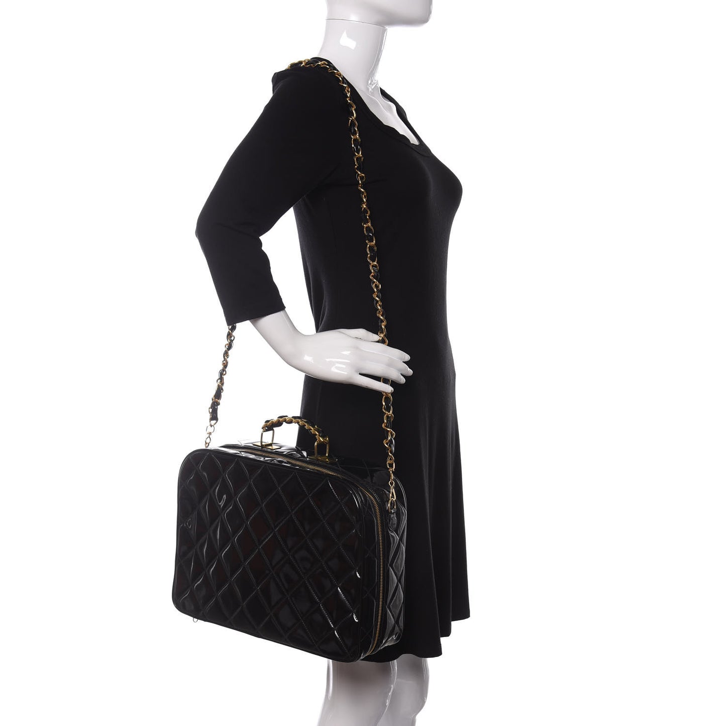 Patent Quilted Top Handle Lunch Box Carryall Shoulder Bag Black
