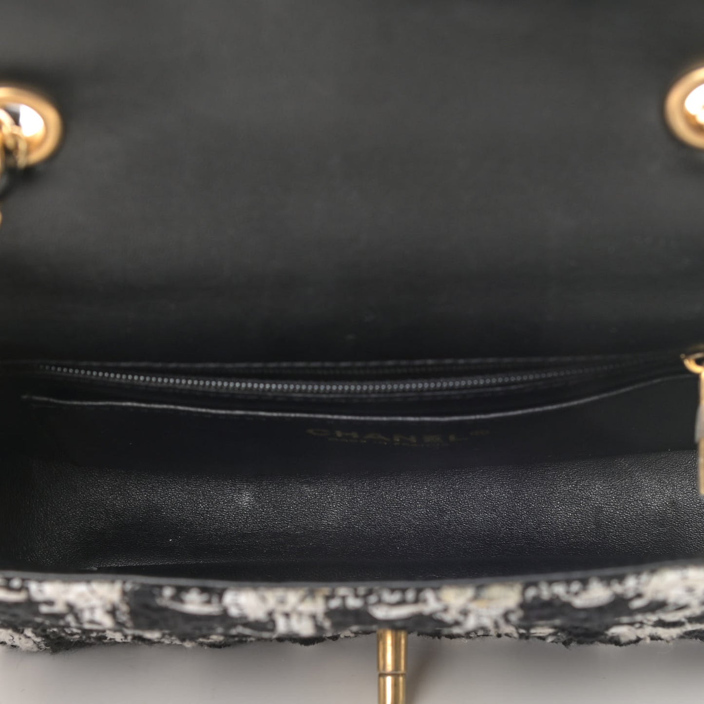 Tweed Quilted Mini Side Pearl Flap Bag Black Ecru White