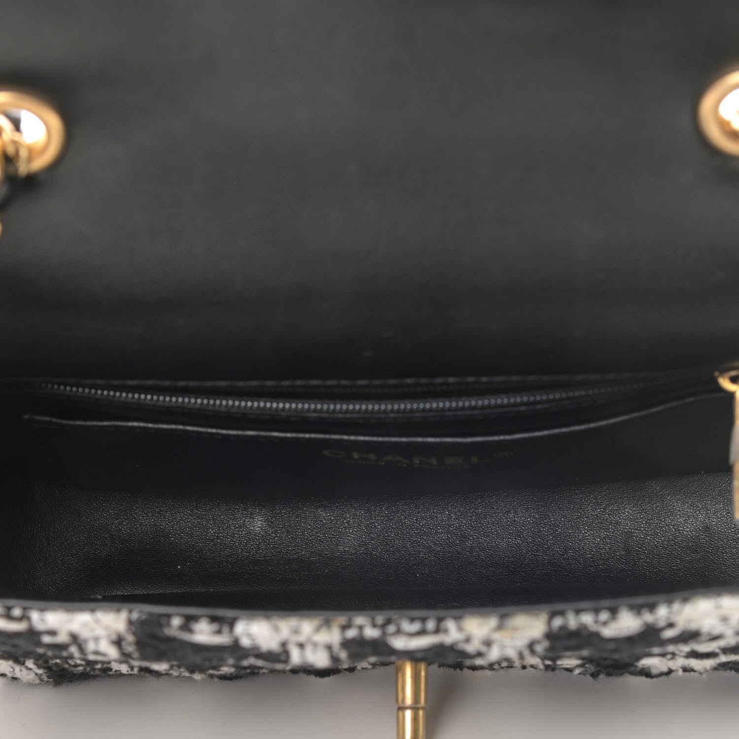 Chanel Tweed Quilted Mini Side Pearl Flap Bag Black Ecru White 4 of 6