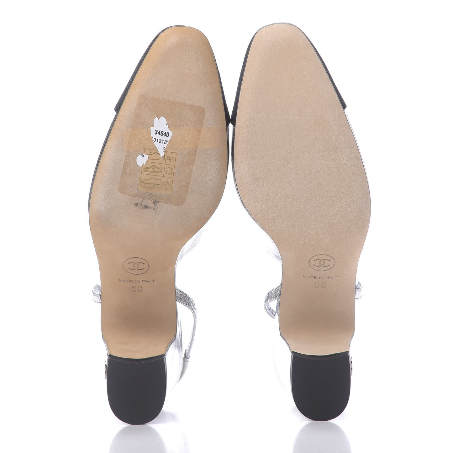 Laminated Lambskin Grosgrain Cap Toe CC Slingback Sandals 36 Silver Black