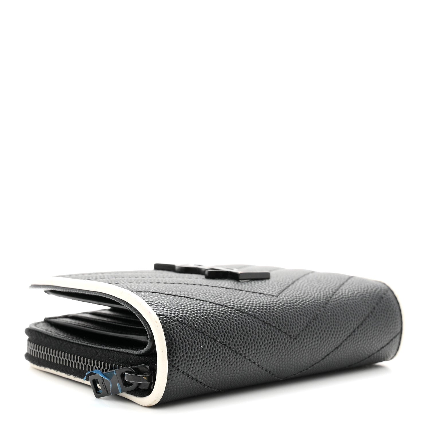 Saint Laurent Grain De Poudre Matelasse Chevron Monogram Compact Zip Around Wallet Black White 4 of 7