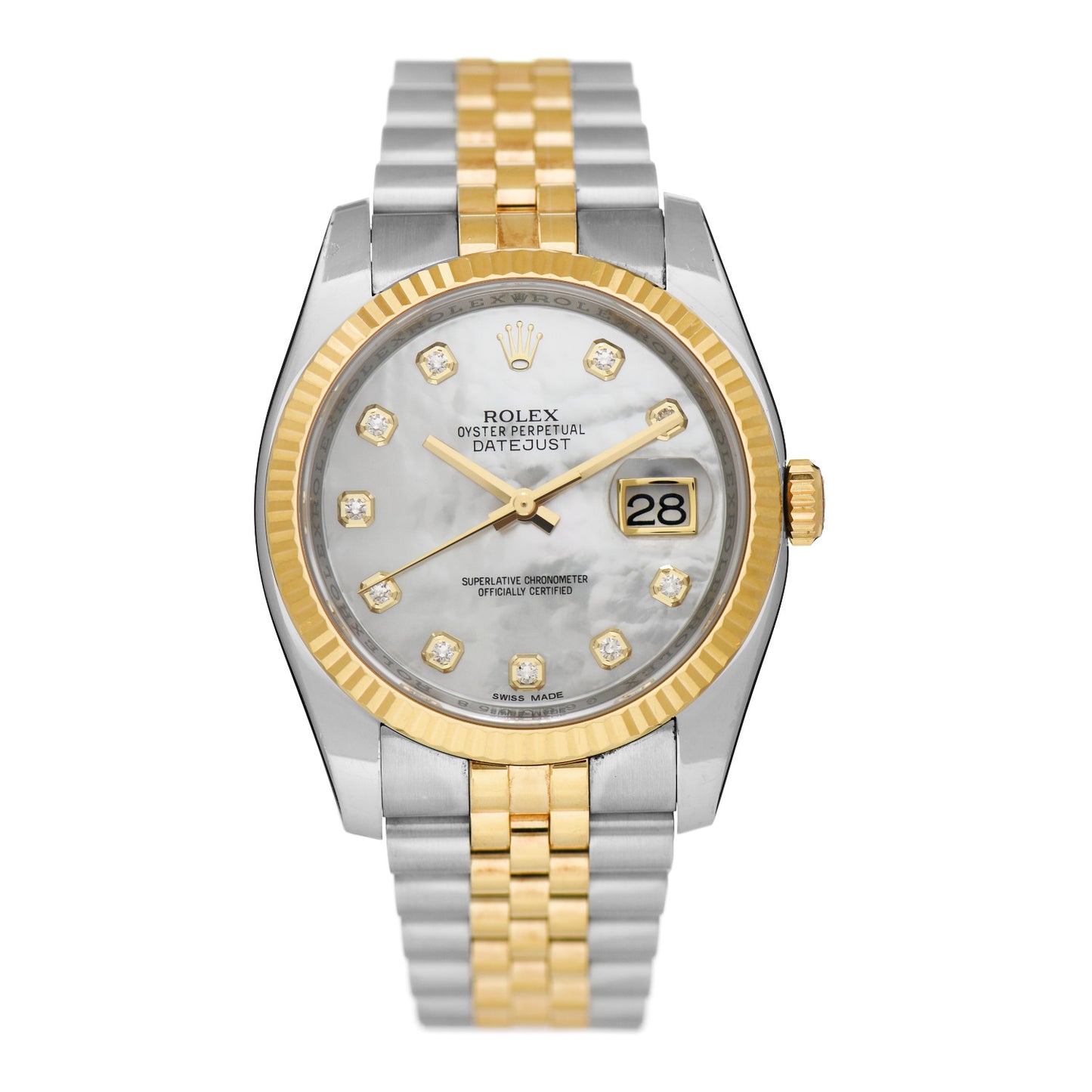 Stainless Steel 18K Yellow Gold Diamond Mother of Pearl 36mm Oyster Perpetual Datejust Watch 116233