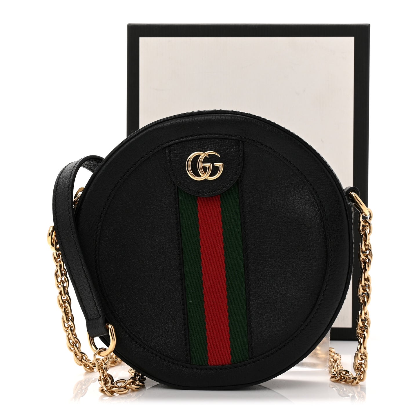 Grained Calfskin Web Mini Ophidia Round Shoulder Bag Black