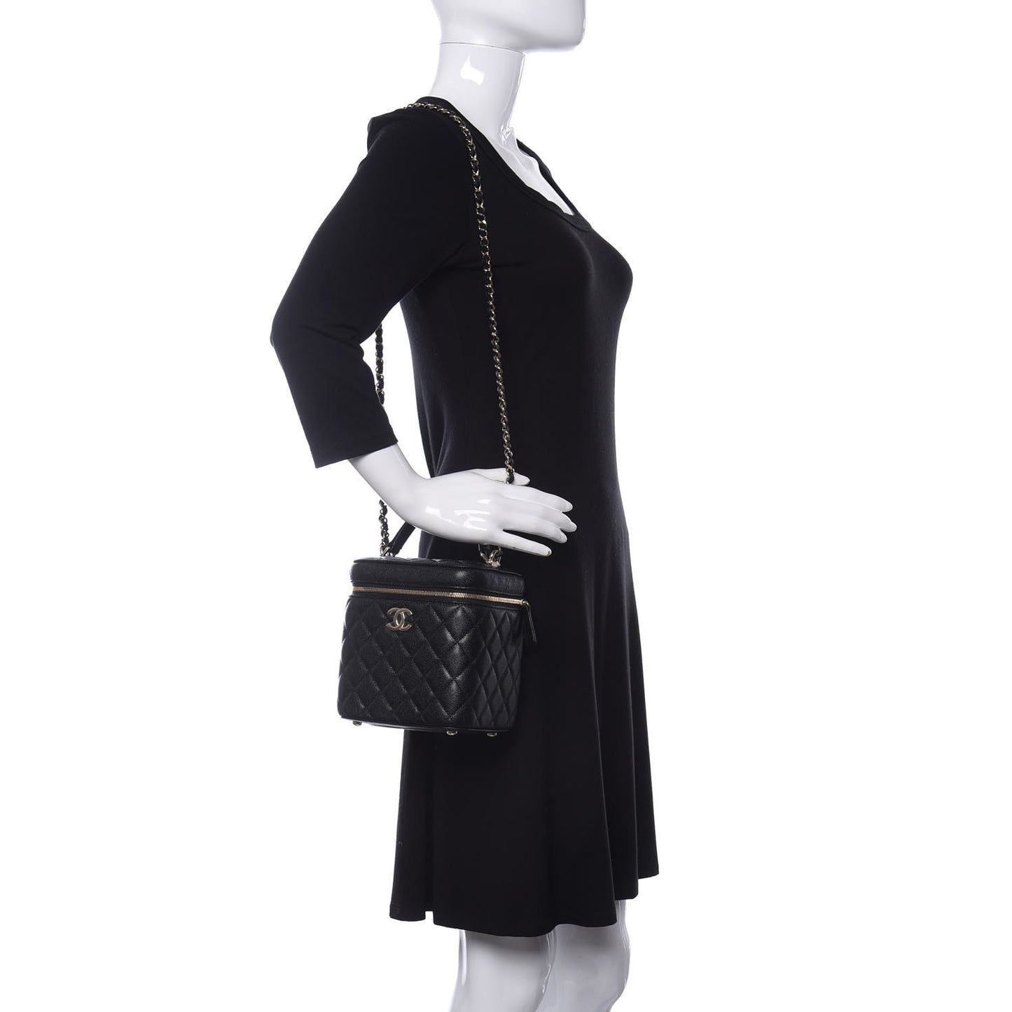 Caviar Quilted Small Top Handle Vanity Case With Chain Black