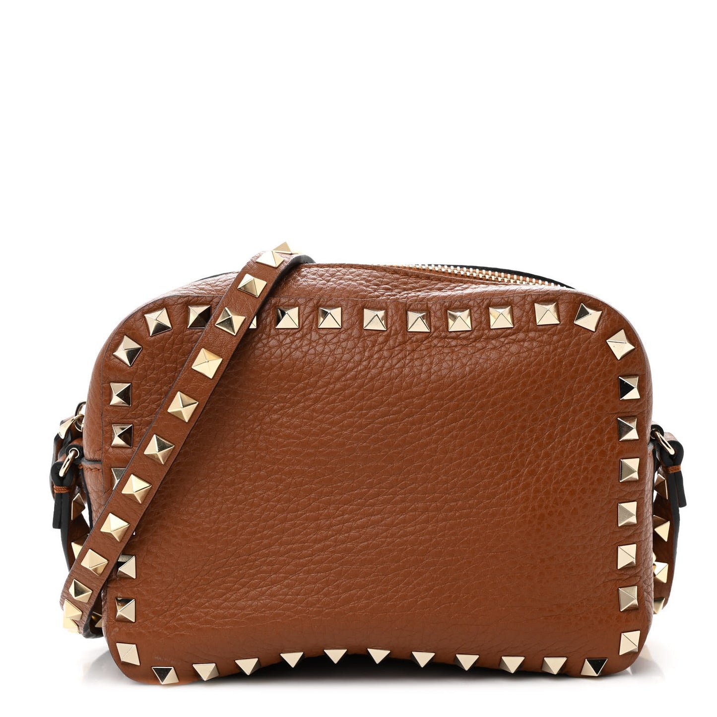 Pebbled Calfskin Rockstud Camera Crossbody Bag Tan
