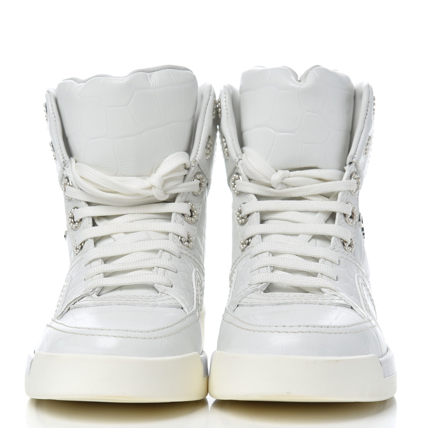 Calfskin Crocodile Embossed Cocodile High Top Sneakers 36 White