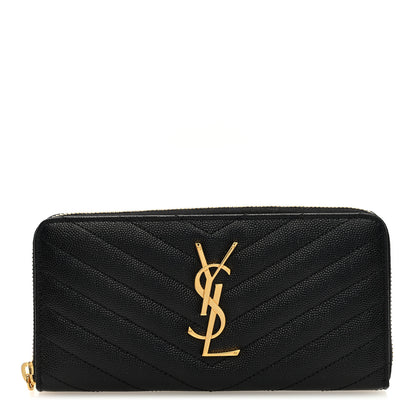 Saint Laurent SAINT LAURENT Grain De Poudre Matelasse Chevron Monogram Zip Around Wallet Black 1 of 6