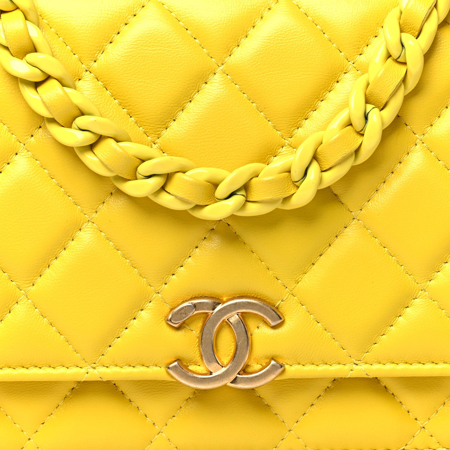 Chanel Lambskin Resin Quilted Wallet On Chain WOC Yellow 9 of 11
