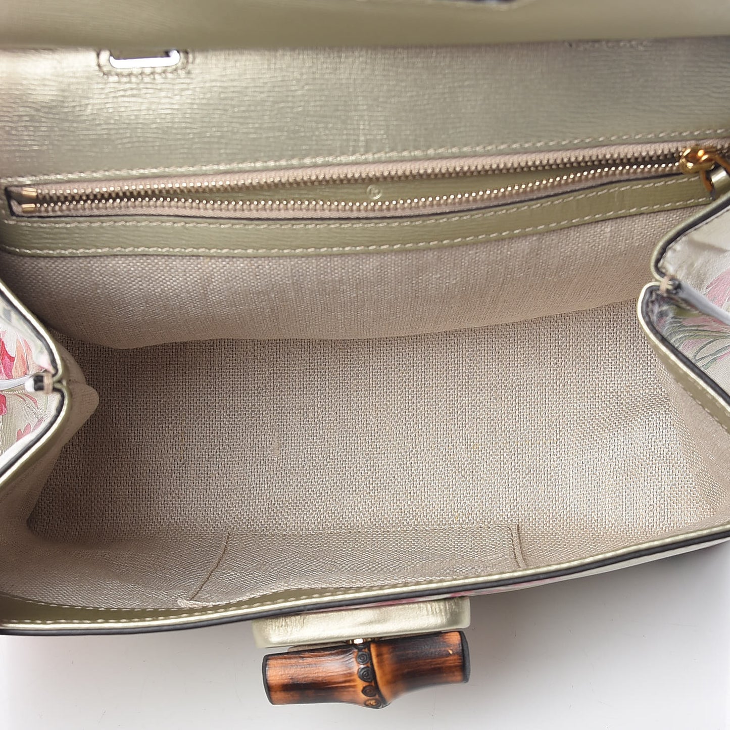 Metallic Shangai Calfskin Blooms Print Small Bamboo Daily Top Handle Bag Gold Multicolor