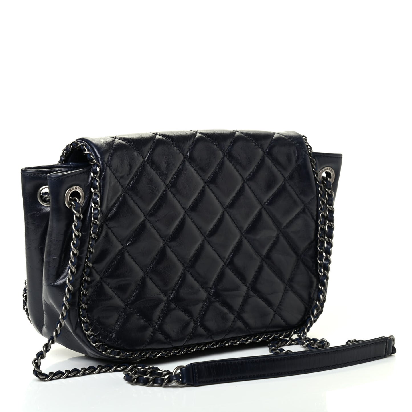 Glazed Calfskin Quilted Small CC Enchained Accordion Flap Dark Navy Blue