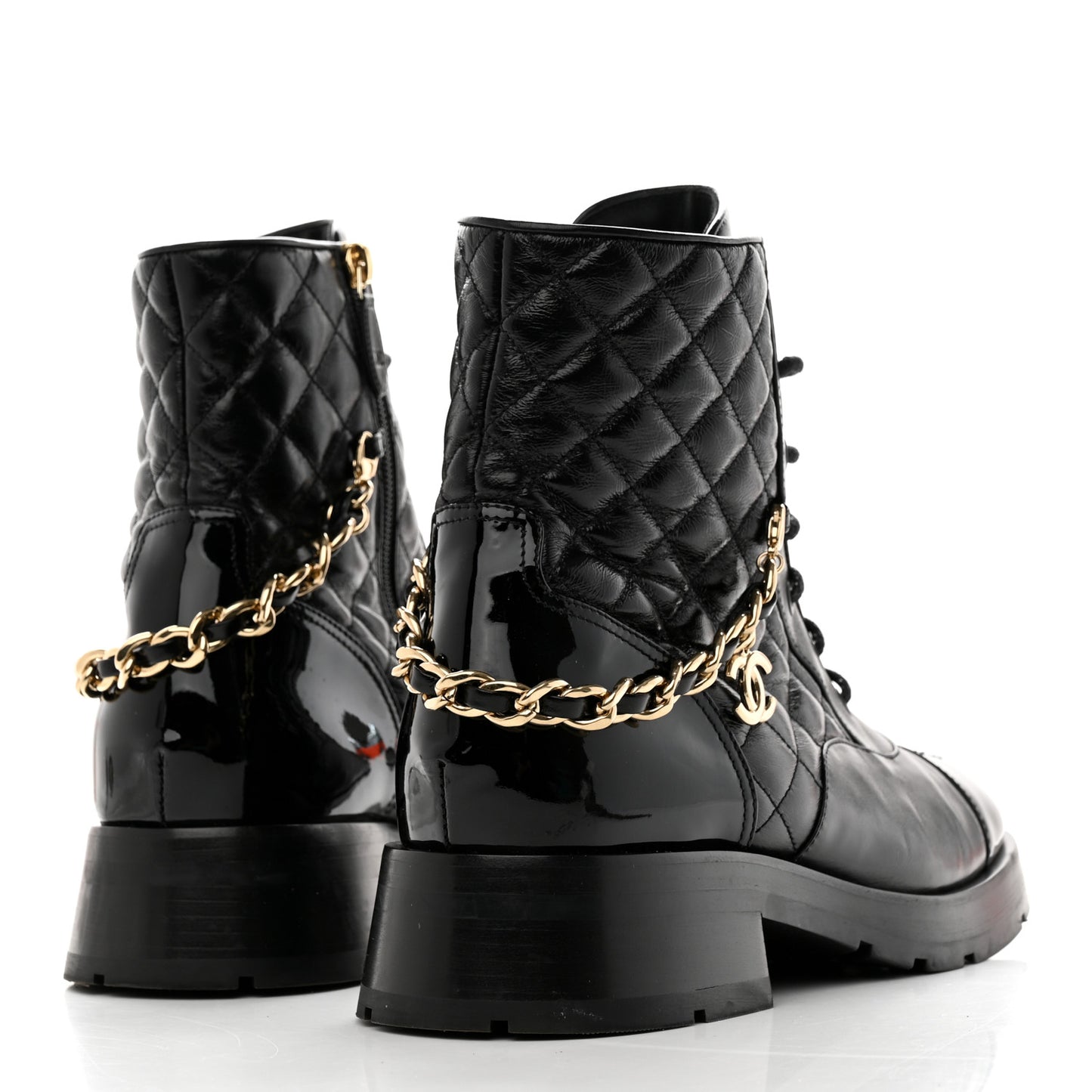 Shiny Calfskin Patent Quilted Chain Lace Up Combat Boots 40.5 Black