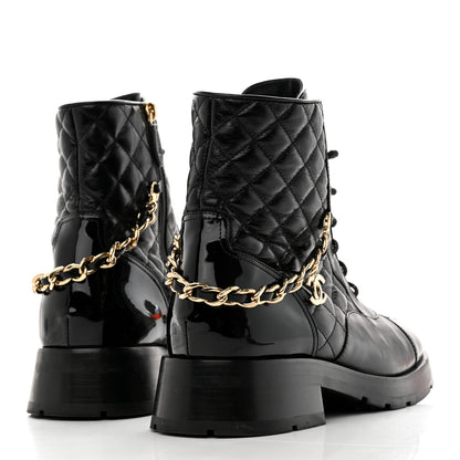Chanel Shiny Calfskin Patent Quilted Chain Lace Up Combat Boots 40.5 Black 4 of 8