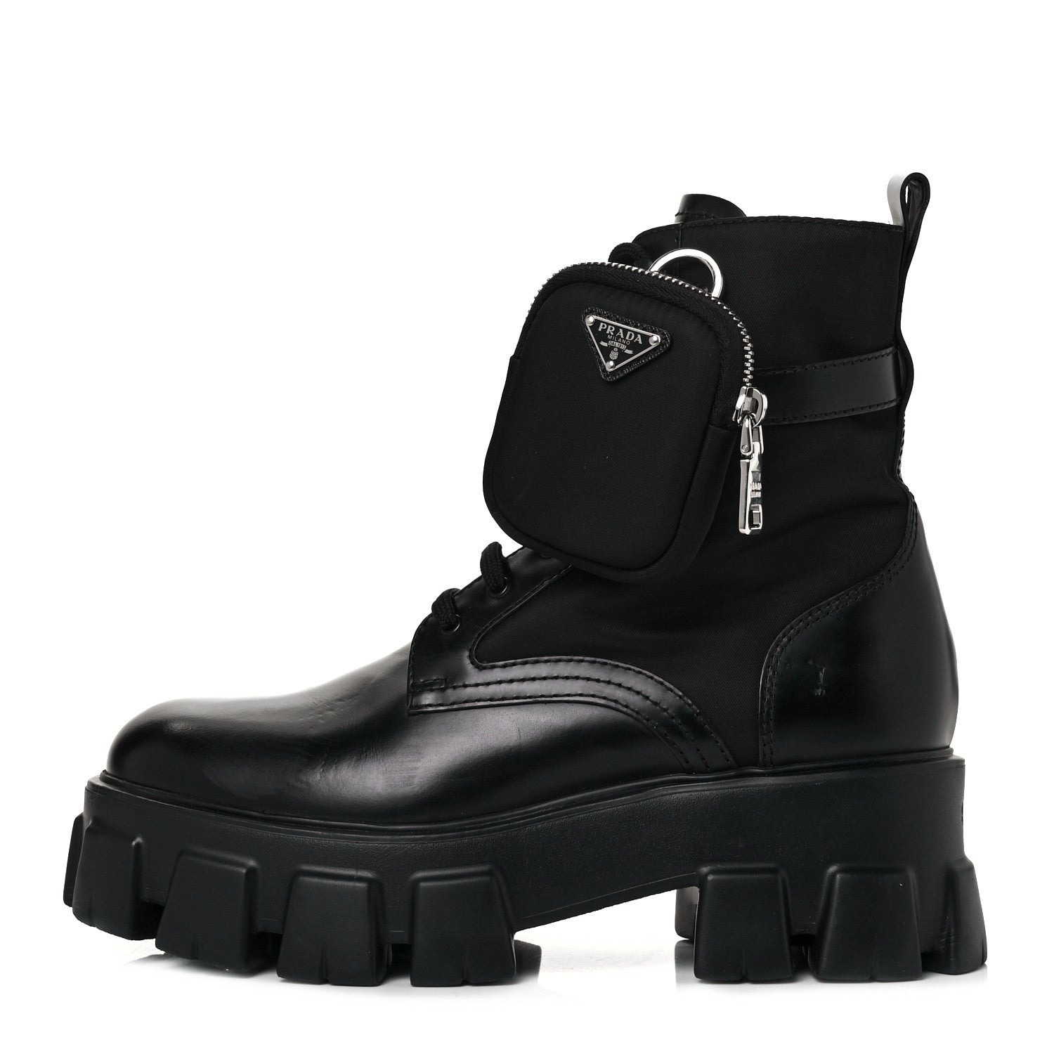 Prada Spazzolato Rois Re-Nylon Metal Triangle Logo Monolith Pouch Pocket 55mm Boots 39.5 Black 2 of 12