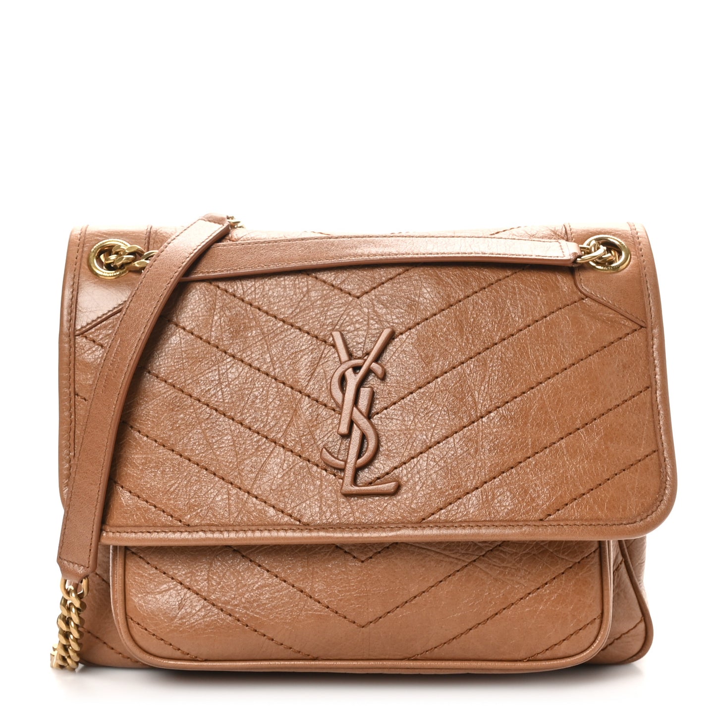 Crinkled Calfskin Matelasse Monogram Medium Niki Chain Satchel Caramel