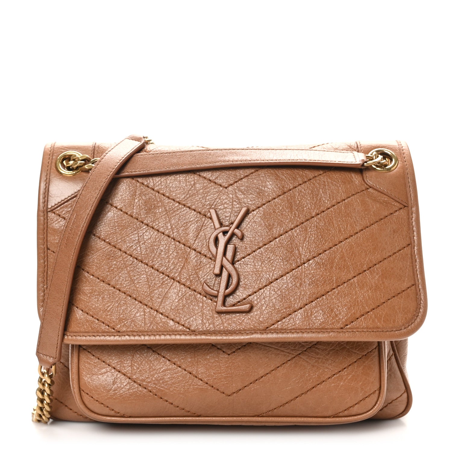 Saint Laurent Crinkled Calfskin Matelasse Monogram Medium Niki Chain Satchel Caramel 1 of 10