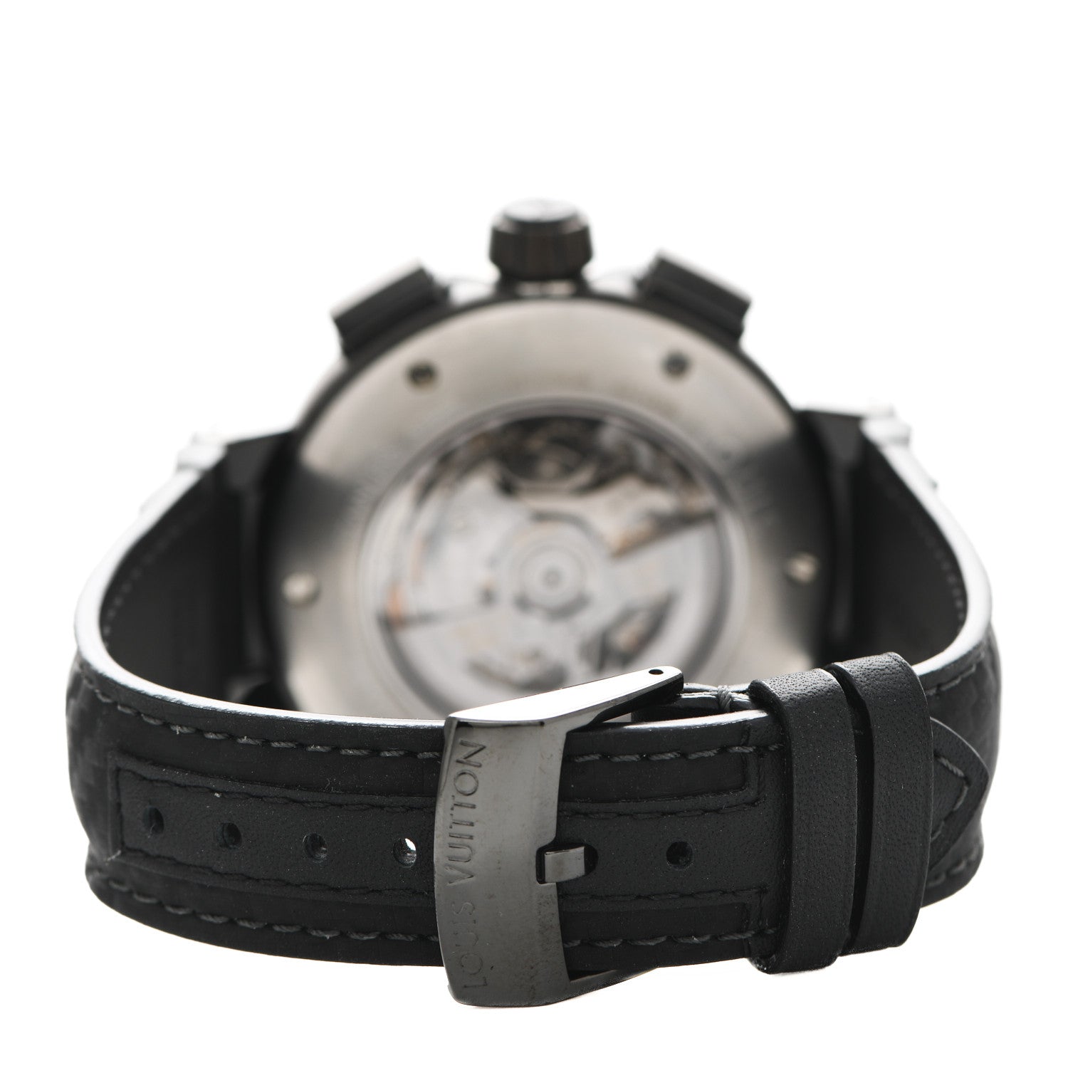 Louis Vuitton Stainless Steel Calfskin 45mm Tambour Chronograph GMT Automatic Watch Black 3 of 5