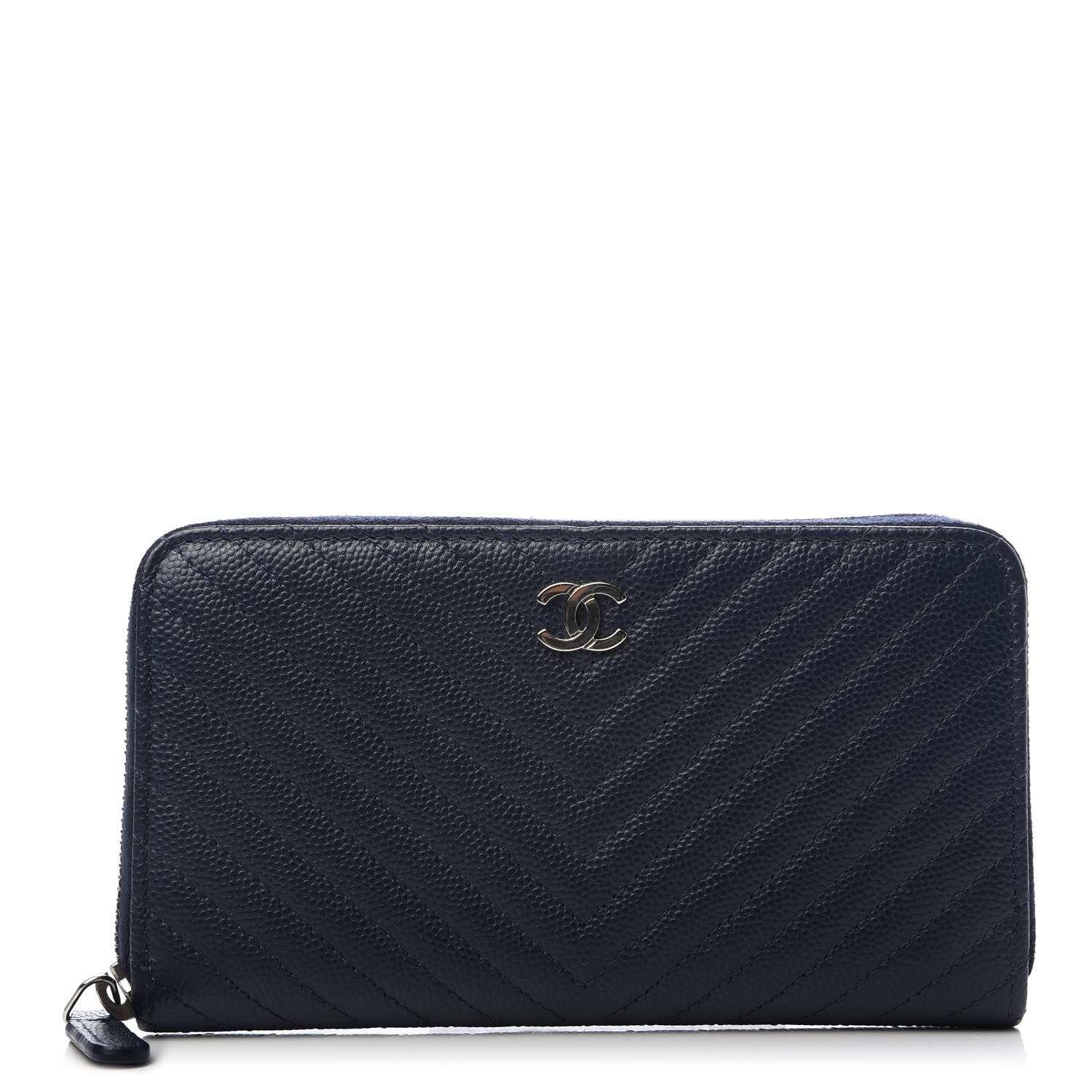 Chanel Caviar Chevron Quilted Large Gusset Zip Around Wallet Navy 1 of 9