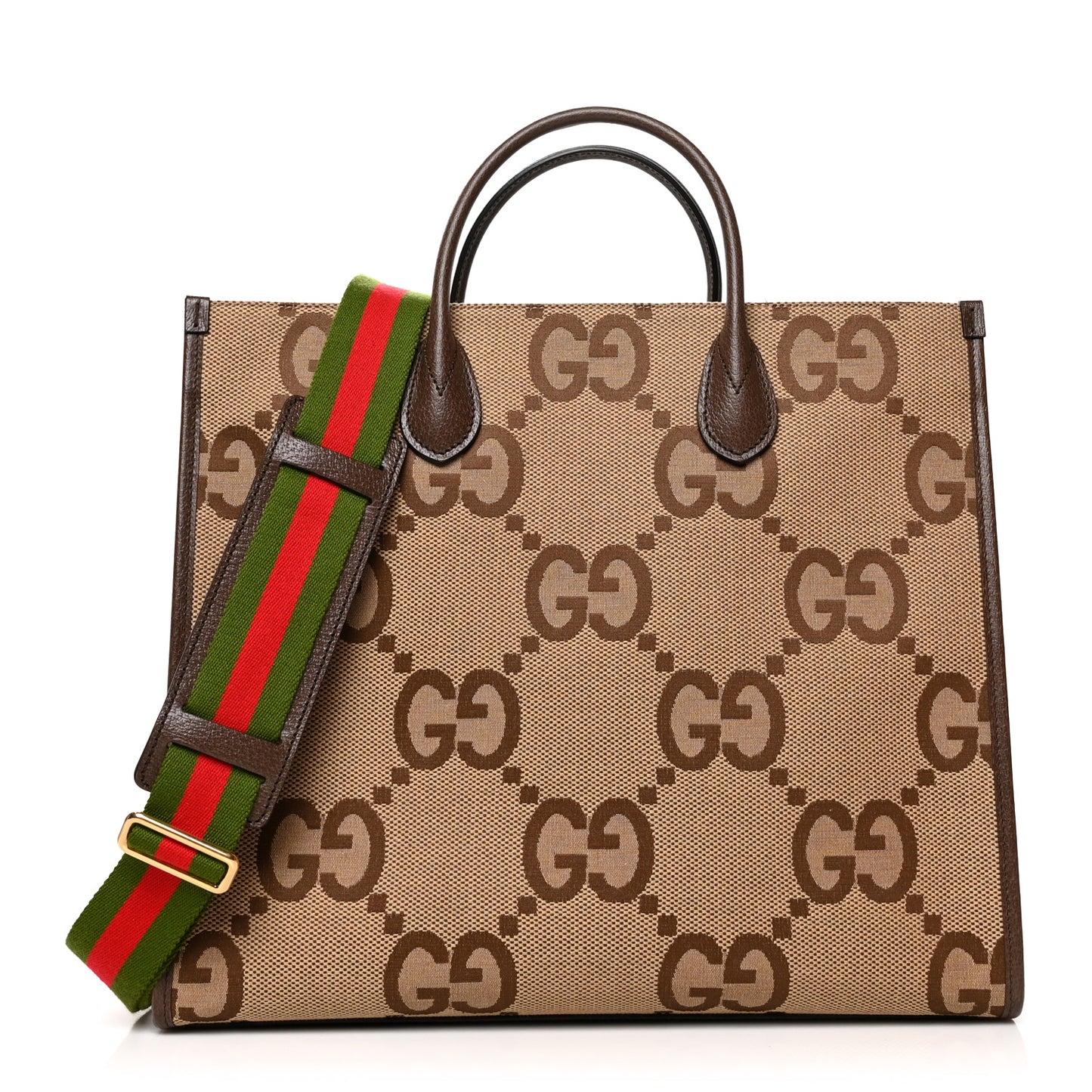Monogram Jumbo GG Textured Dollar Calfskin Web Tote Bag Camel Ebony New Acero
