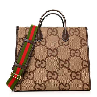 Gucci Monogram Jumbo GG Textured Dollar Calfskin Web Tote Bag Camel Ebony New Acero 1 of 10
