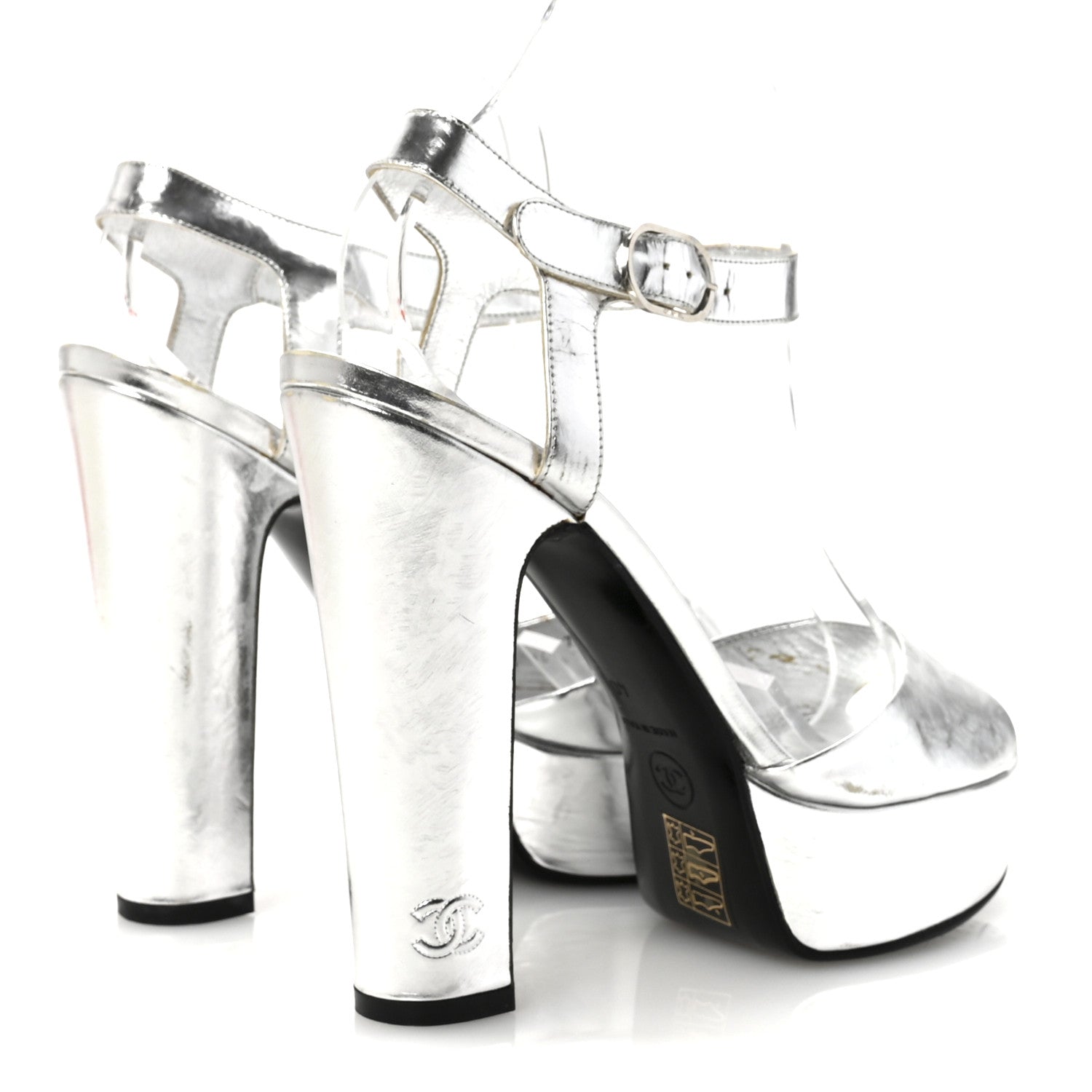 Chanel Metallic Laminated Calfskin CC Platform Sandals 40 Silver 5 of 9