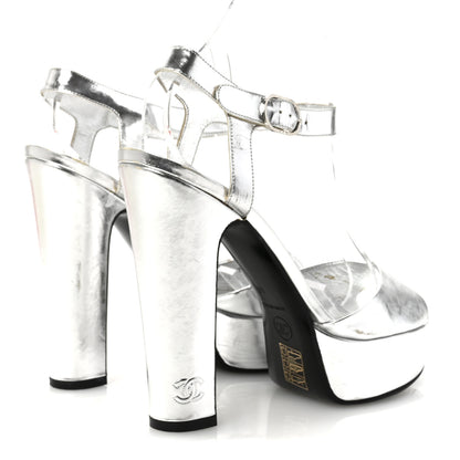 Chanel Metallic Laminated Calfskin CC Platform Sandals 40 Silver 5 of 9