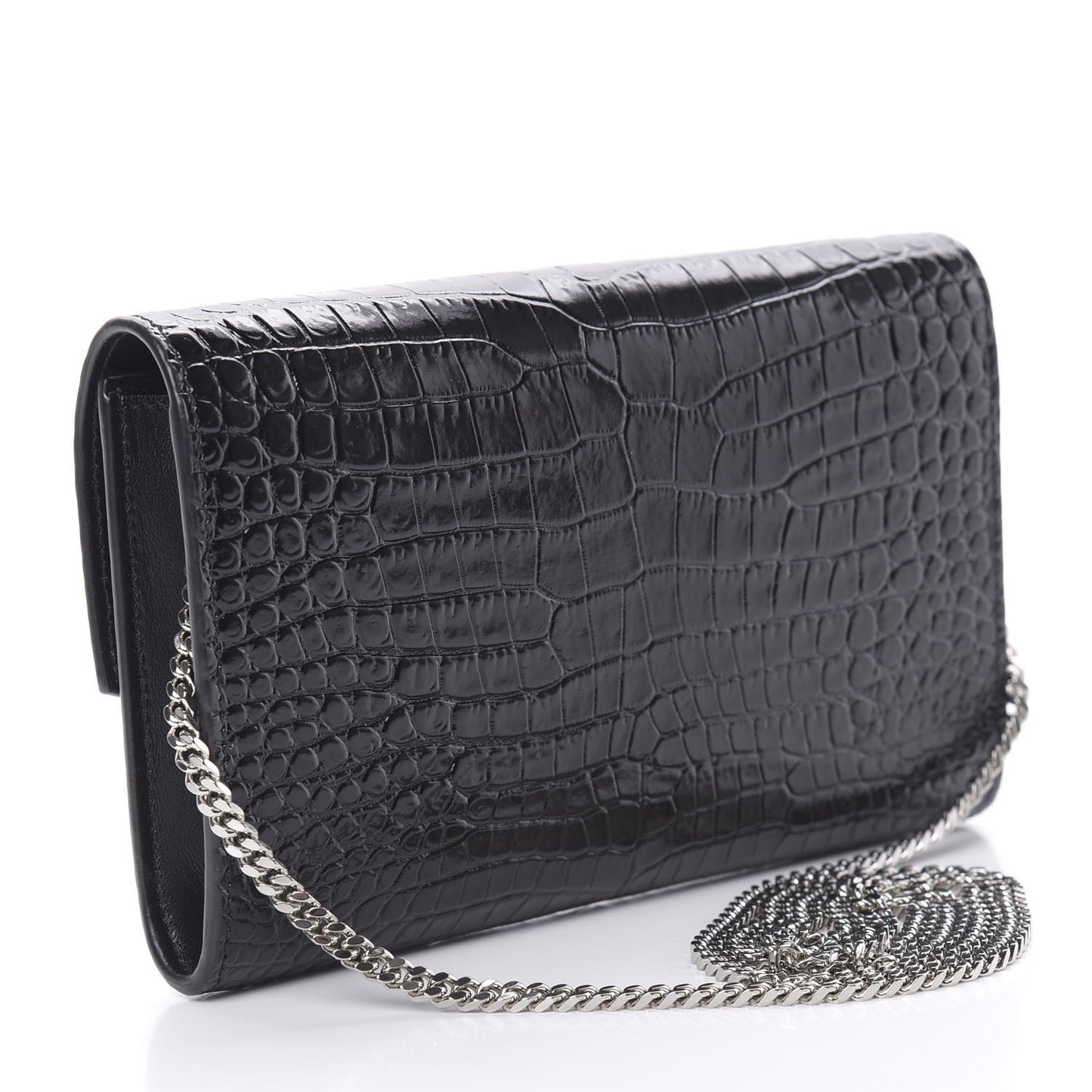 Calfskin Crocodile Embossed Monogram Uptown Chain Wallet Black