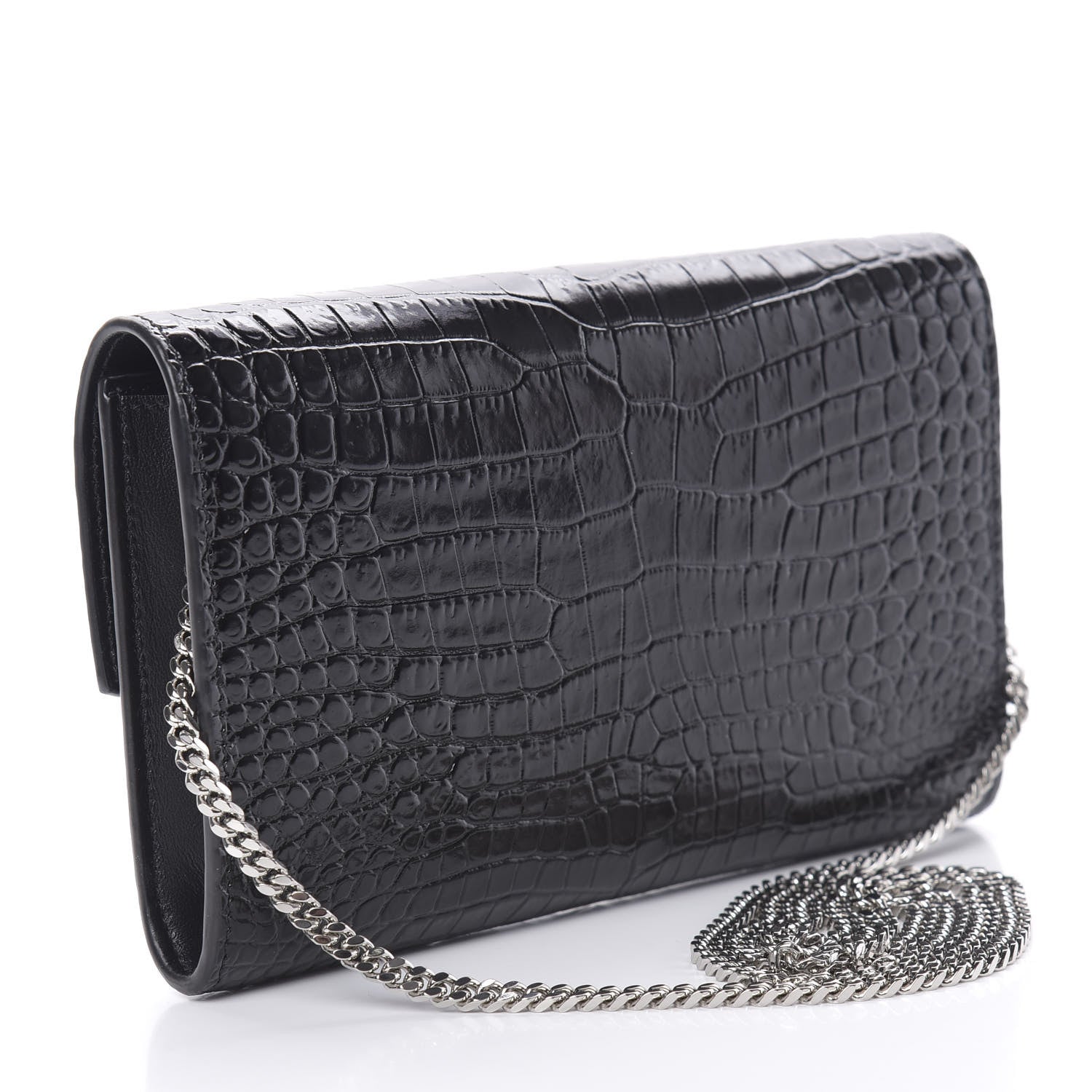 Saint Laurent Calfskin Crocodile Embossed Monogram Uptown Chain Wallet Black 4 of 12