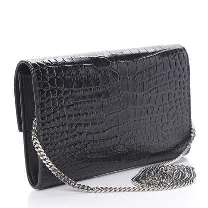 Saint Laurent Calfskin Crocodile Embossed Monogram Uptown Chain Wallet Black 4 of 12